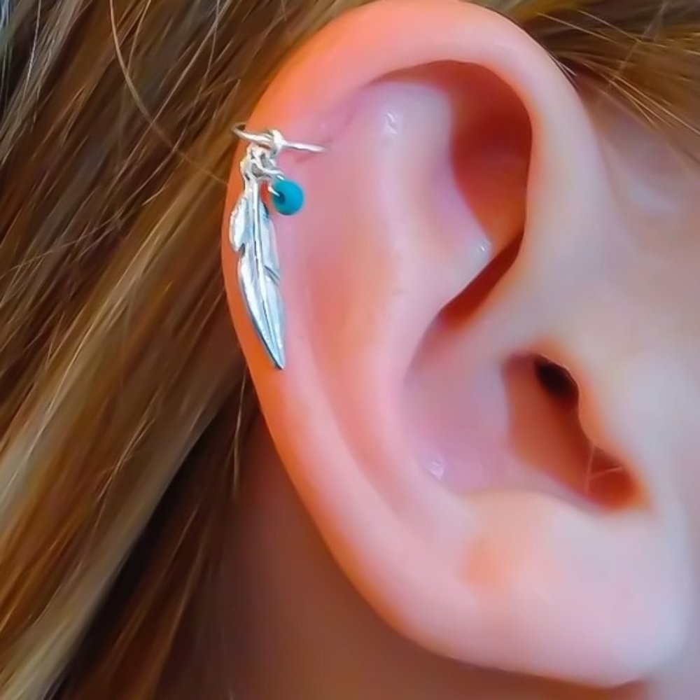 3 x 925 sterling silver helix cartilage upper ear hoop earring w/feather charm